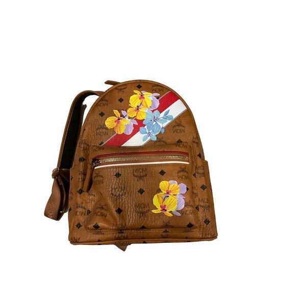 MCM Visetos Brown Leather Floral  backpack Limited Edition - Picture 1 of 9